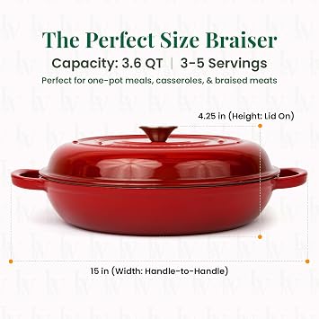 Larder & Vine Enameled Cast Iron Braiser | 3.6 qt Braiser Pan with Lid | Shallow Dutch Oven Compatible on All Cooktops | Casserole Dish Oven Safe to 500 F | Dual Handles | Cabernet