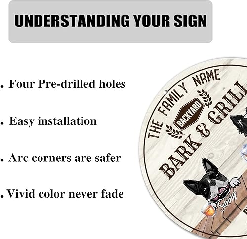 Miniatura 10 de Letrero redondo de hojalata con texto en inglés "Backyard Barks and Grill" de Boston Terrier y Presa Canario de metal para mascotas, nombre de
