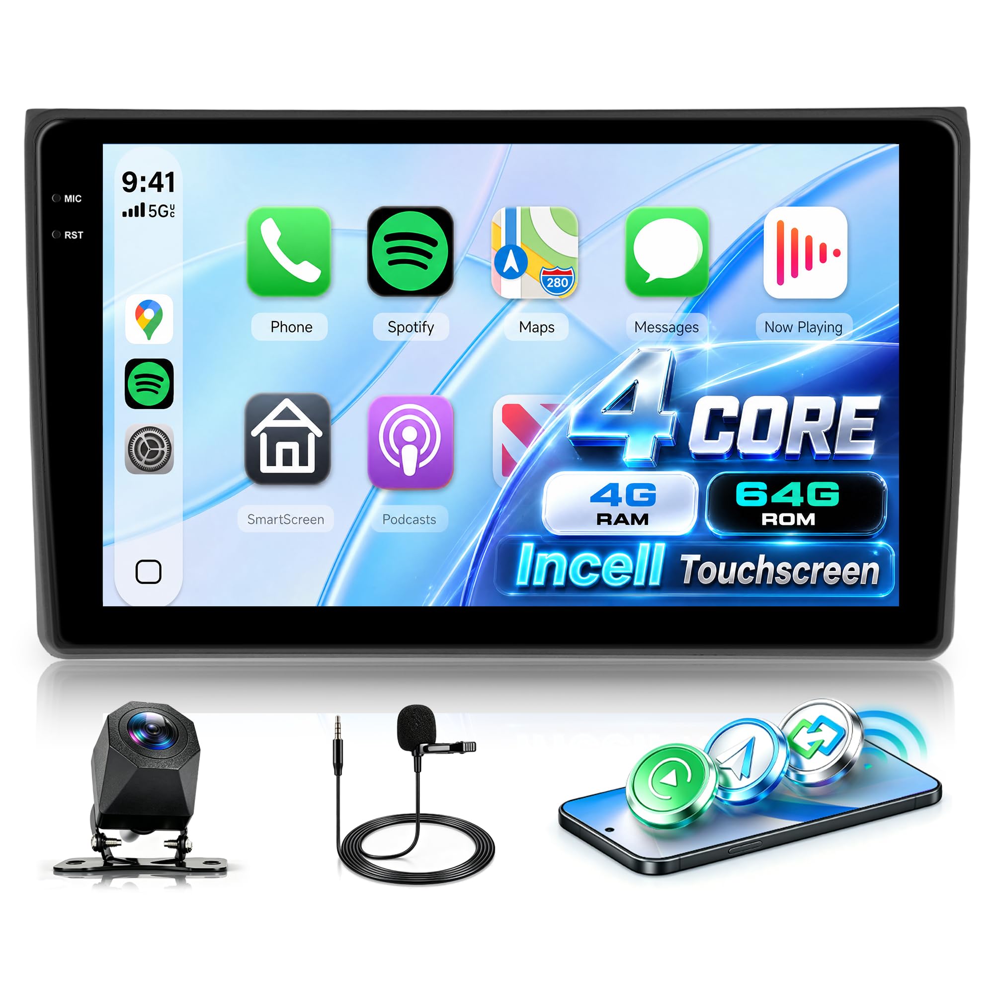 4G+64G Android Radio Coche para Audi A4 S4 RS4 B6 B7 8E 2000-2009 Inalámbrico Carplay Android Auto, 9 Pulgadas Incell Pantalla Radio GPS Navi WiFi Bluetooth Mirror Link FM/RDS/EQ/SWC Cámara Trasera