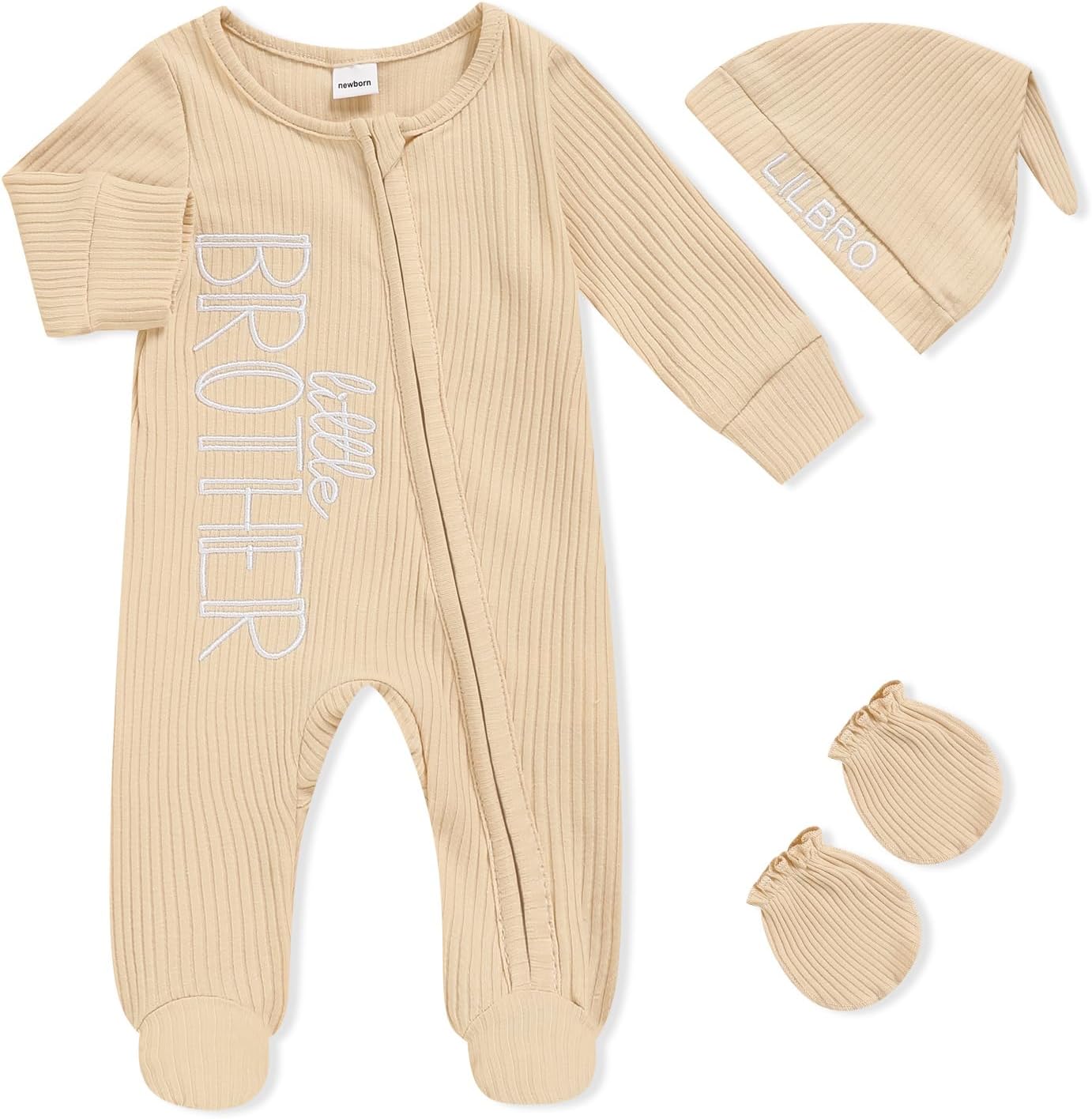 Newborn Baby Boy Outfits Zippered Romper Letter Embroidered Coming Home Jumpsuit with Hat Mittens