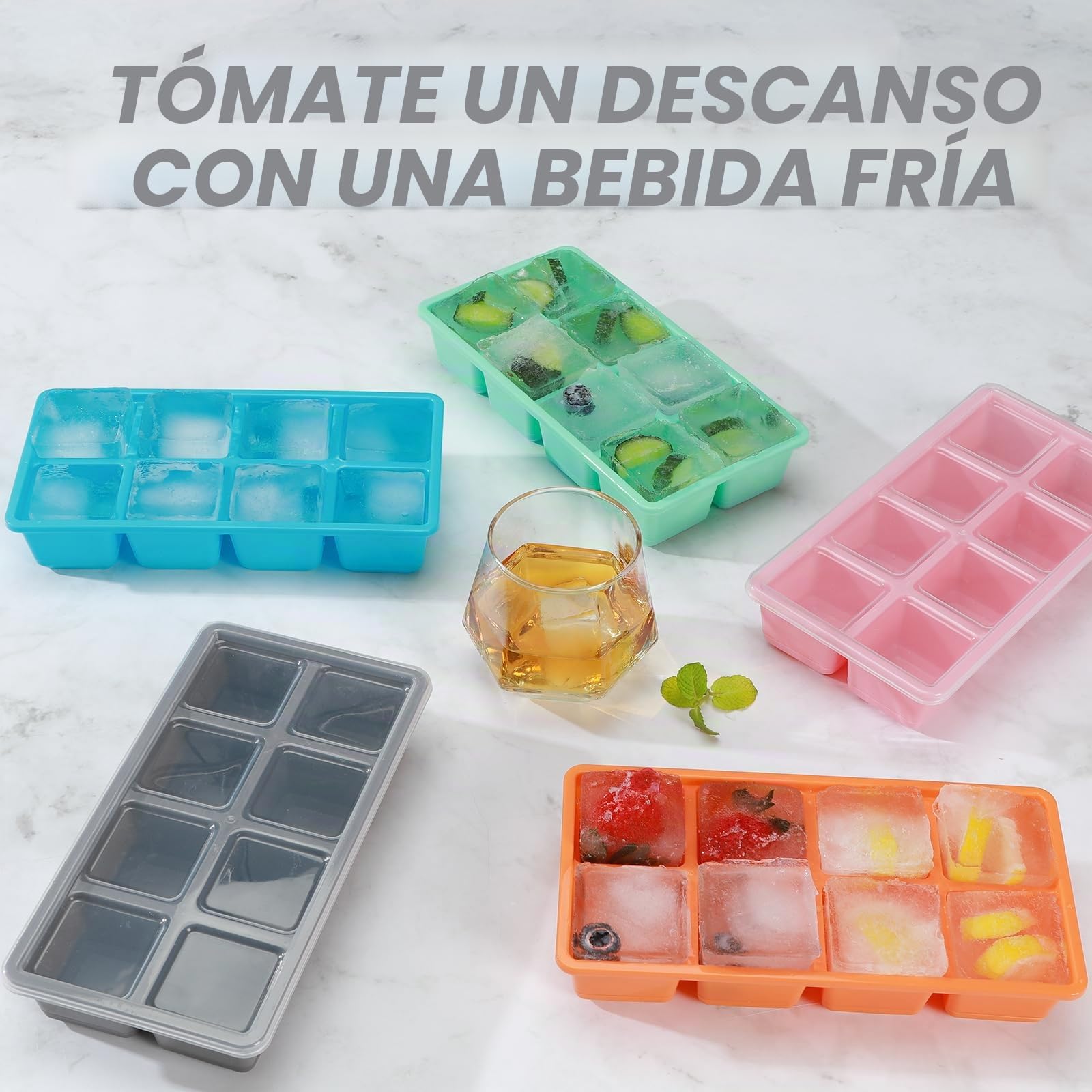 JRISBO Cubiteras para Hielo 4,5 CM Grande, 2Pcs Moldes de Silicona para Cubitos de Hielo XL con Tapa Sin BPA