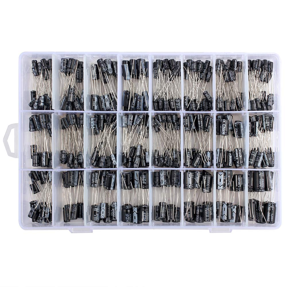 pedkit 500pcs 24 Values Aluminum Electrolytic Capacitor Assorted Kit 10V 16V 25V 50V Metal Electrolytic Capacitors Range 0.1uF－1000uF with Plastic Case