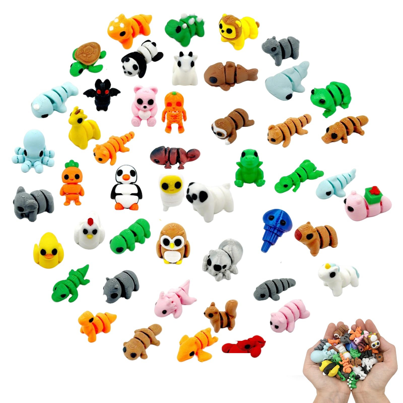 CavspkArt 50Pcs 3D Printed Mini Animals Set Random Styles, Movable Joint 3D Printed Animals, Cute 3D Printed Fidget Toys, Colorful Mini Animal Toys Set for Adults and Kids Desk Decor (50Pcs)