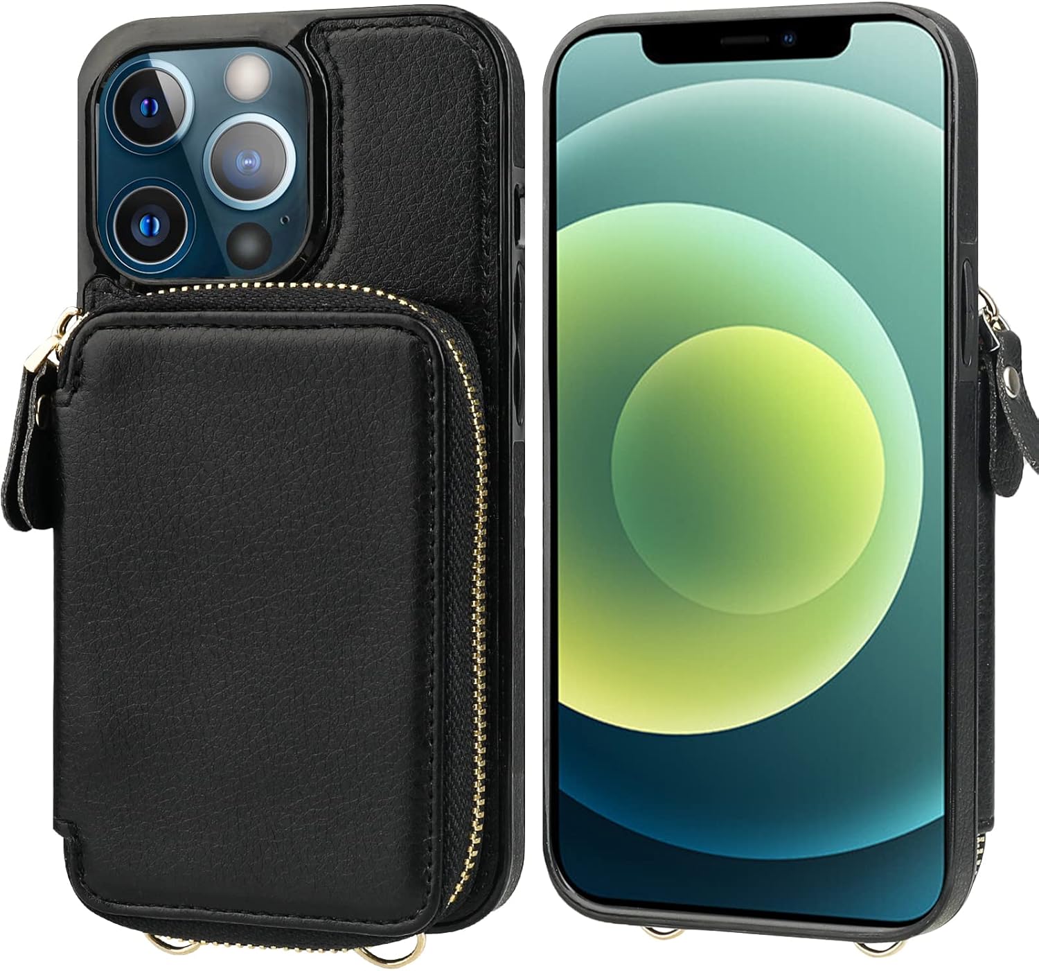 Bocasal RFID Blocking Wallet Case for iPhone 12 Pro Max, Adjustable Crossbody Zipper Purse with Kickstand and Detachable Wrist Strap, PU Leather Flip Folio Case 6.7 Inch 5G (Black) - Image 3