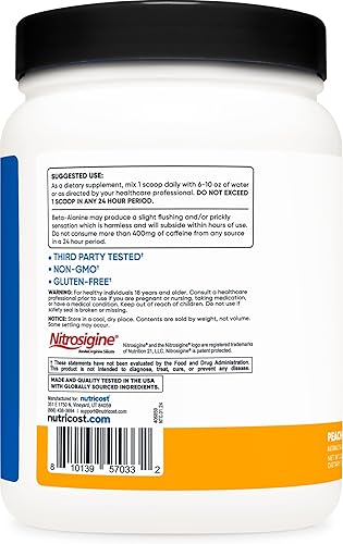 Miniatura 4 de Nutricost Polvo complejo pre-entrenamiento (60 porciones, mango melocotón) - Suplemento preentrenamiento con beta-alanina, taurina y aminoácidos