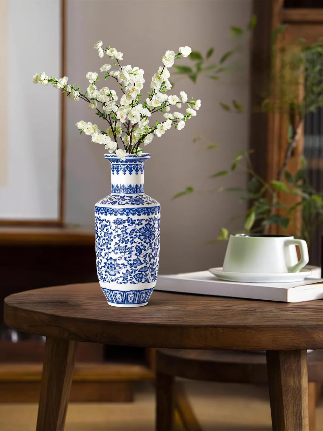 Qinlang 10.5 Inch Blue and White Ceramic Vase, Porcelain Flower Vase for Centerpieces, Decorative Floral Vase for Flowers and Home Decor - Bottle Shaped
