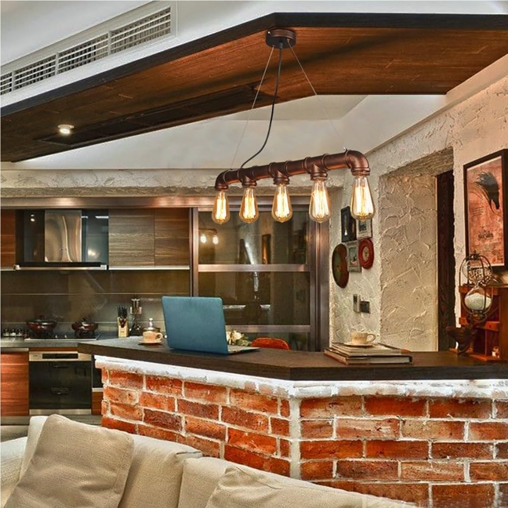 5 Light Industrial Chandelier, Vintage Water Pipe Pendant Lights Kitchen Island Mid Century Iron Pipework Hanging Lamps for Dining Room Bar