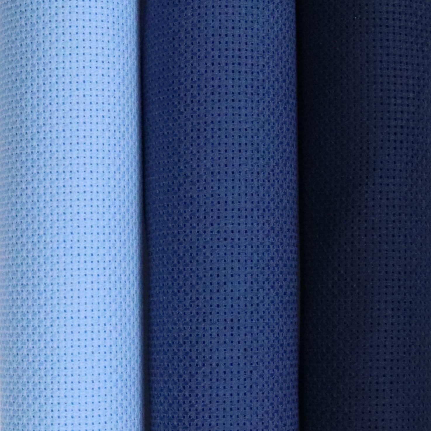 KCS 3 pc of 15" x 18"(38cmx45cm) 18 Count Cross Stitch Cotton Aida Cloth Needlework Rolled Fabric Box,18CT,Light Blue+Jeans Blue+Navy Blue