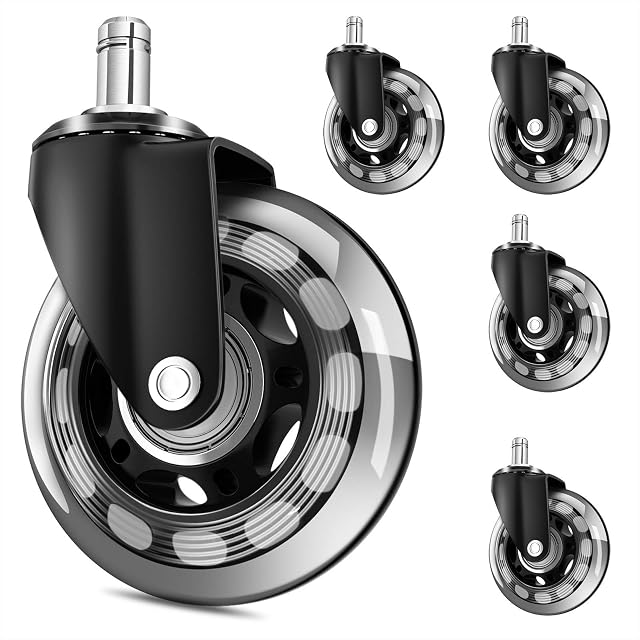 MSOBAIW Office Chair Caster Wheel Replacement for Hardwood Carpeted Floors, 3" Heavy Duty Rubber Rollerblade Caster Wheel Inserts for Desk Gaming Chair, Universal Grip Ring Stem: 7/16" x 7/8" (2.5")