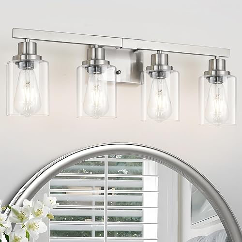 Lámpara de tocador de baño, lámpara de pared mate moderna de níquel de 4 luces con pantalla de vidrio transparente, lámparas de pared, lámparas de