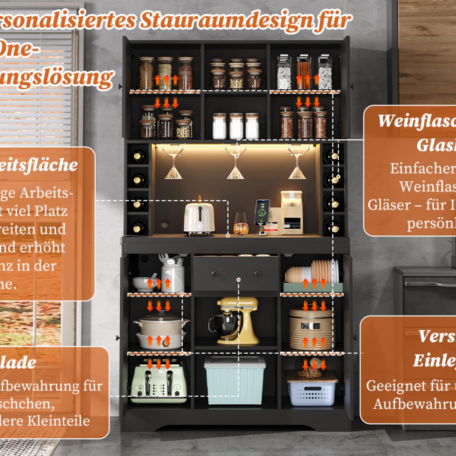 Sweiko Kitchen furniture are equipped with drawers, wine cabinet with adjustable shelves, stainless steel glass racks, bottle racks, LED lighting