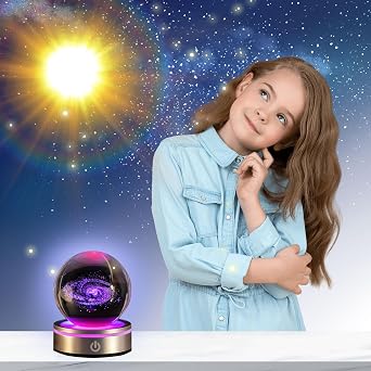3D Solar System Model Crystal Ball, Galaxy Planets Glass Ball Lamp 6 Colors Changing Crystal Sphere Unique Astronomy Decor Space Gifts for Bedroom Decor
