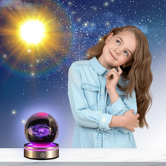 3D Solar System Model Crystal Ball, Galaxy Planets Glass Ball Lamp 6 Colors Changing Crystal Sphere Unique Astronomy Decor Space Gifts for Bedroom Decor