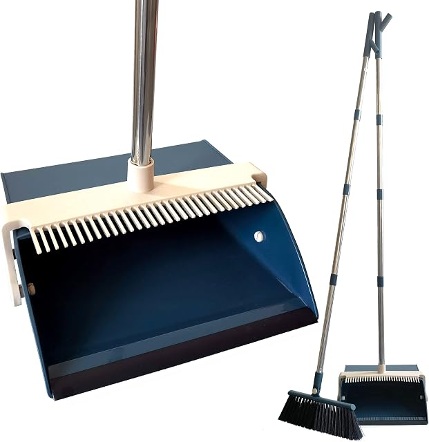 Long Handled Dustpan and Brush Set, Tall Upright Dust pan and 180° Rotating Sweeping Brush with 131cm 4-Section Handle, Soft Broom and Dustpan for Cleaning Your Home, Kitchen, and Lobby