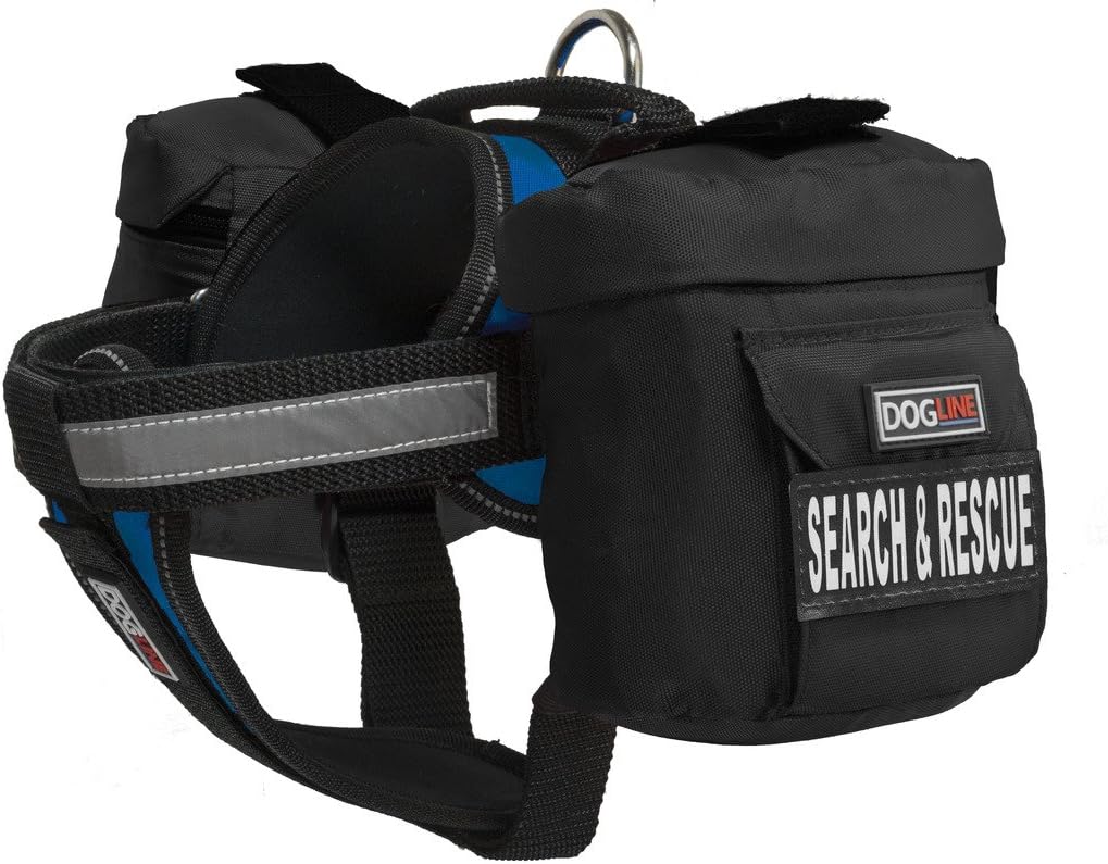 Dogline Unimax Multi-Purpose Vest Harness for Dogs with 2 Removable Search & Rescue Patches and 2 Removable Side Utility Bags (Blue, X Large (36" - 46"))