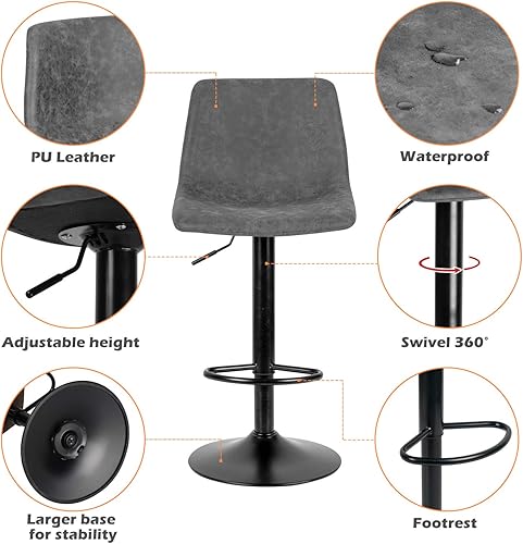 Miniatura 6 de ORISTUS Juego de 2 taburetes de bar de altura de mostrador, taburetes de bar giratorios con respaldo, piel sintética, altura ajustable, moderno,
