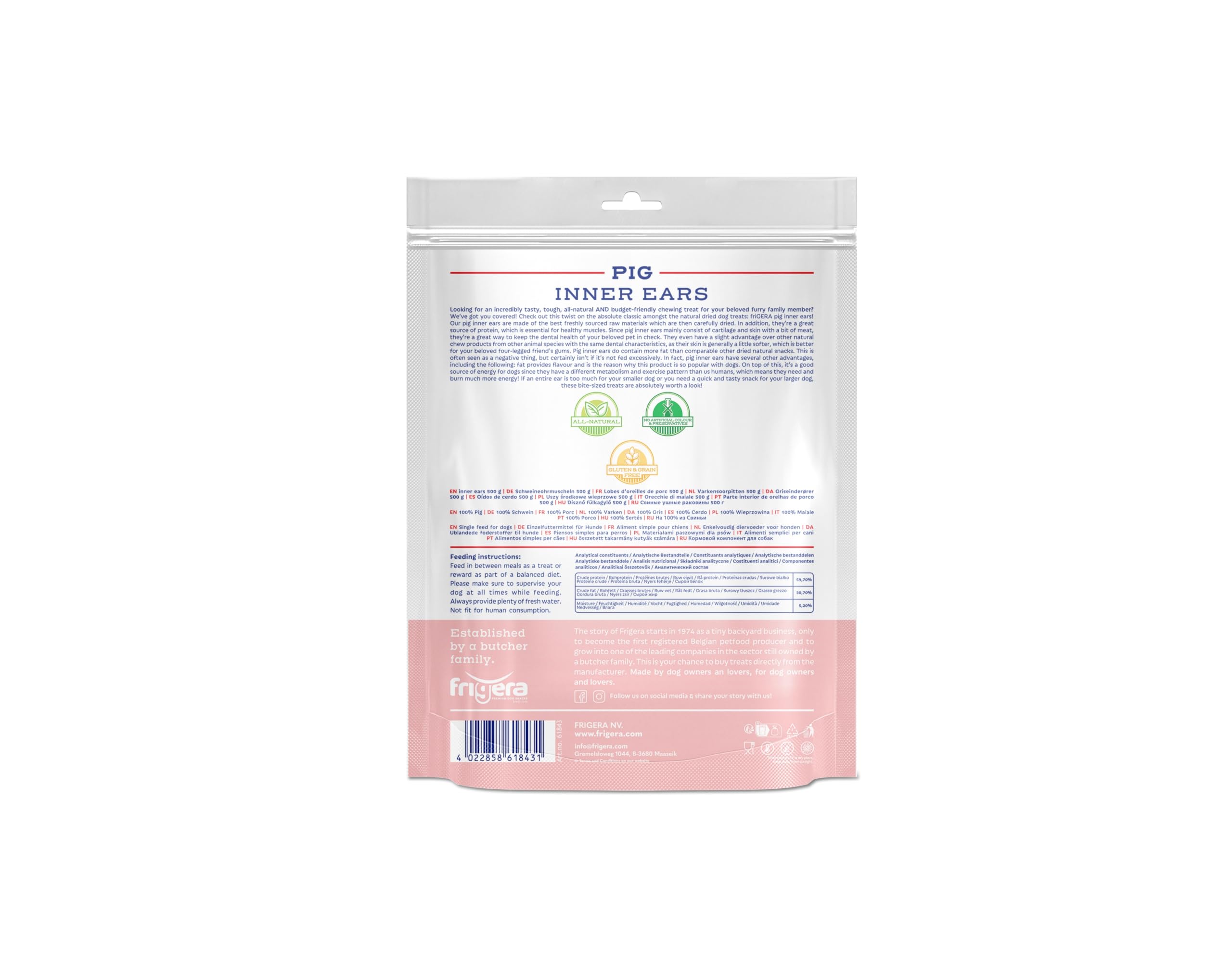 Frigera Lobes d'oreilles de Porc 500g – Friandises Naturelles et Riches en protéines pour Chiens, sans Gluten ni céréales