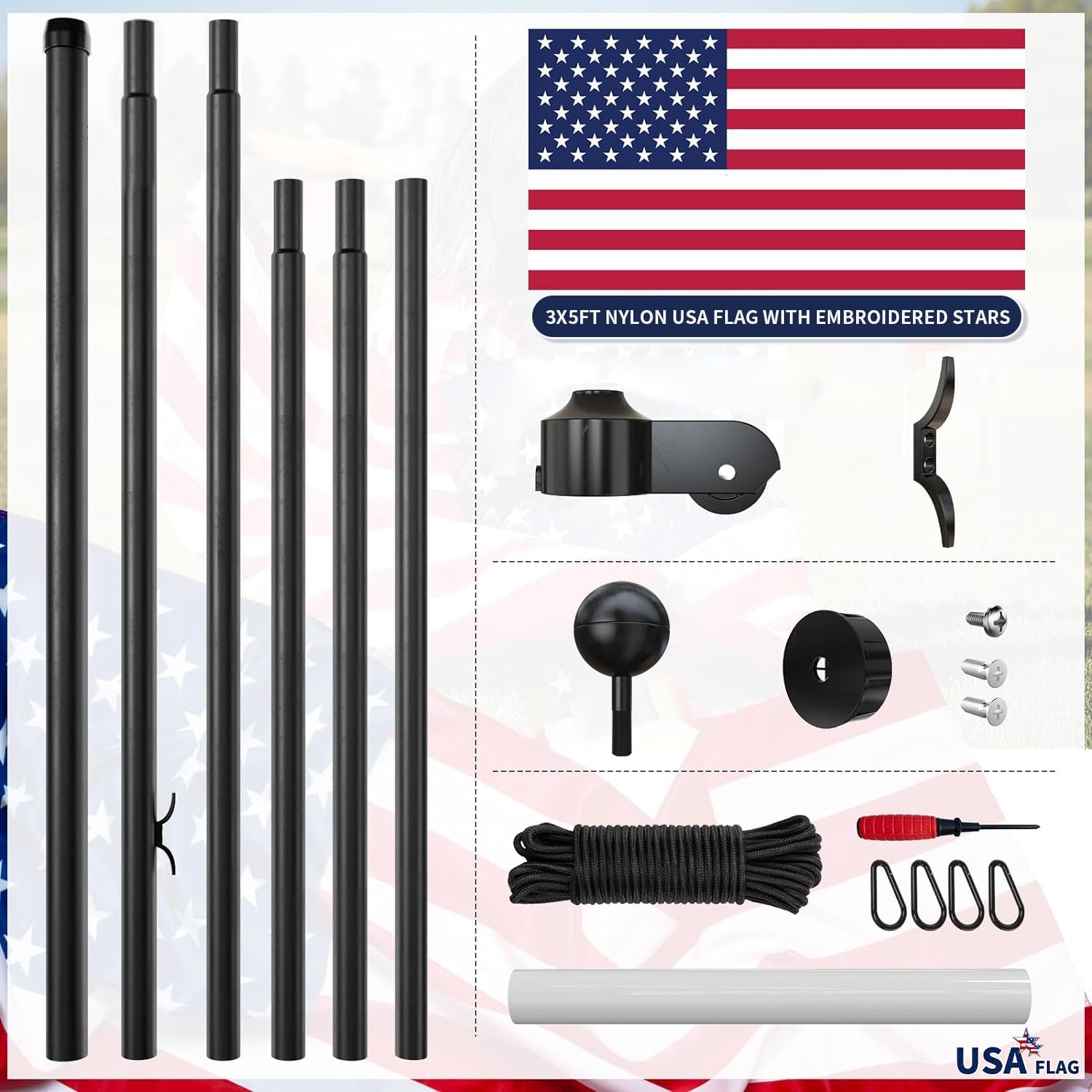 25FT Heavy Duty Flag Pole, 12-Gauge Aluminum, 100MPH Wind Tested | Extra Thick Residential & Commercial Flagpole Kit for Outside House – Includes USA Flag & All Hardware to Fly Two Flags