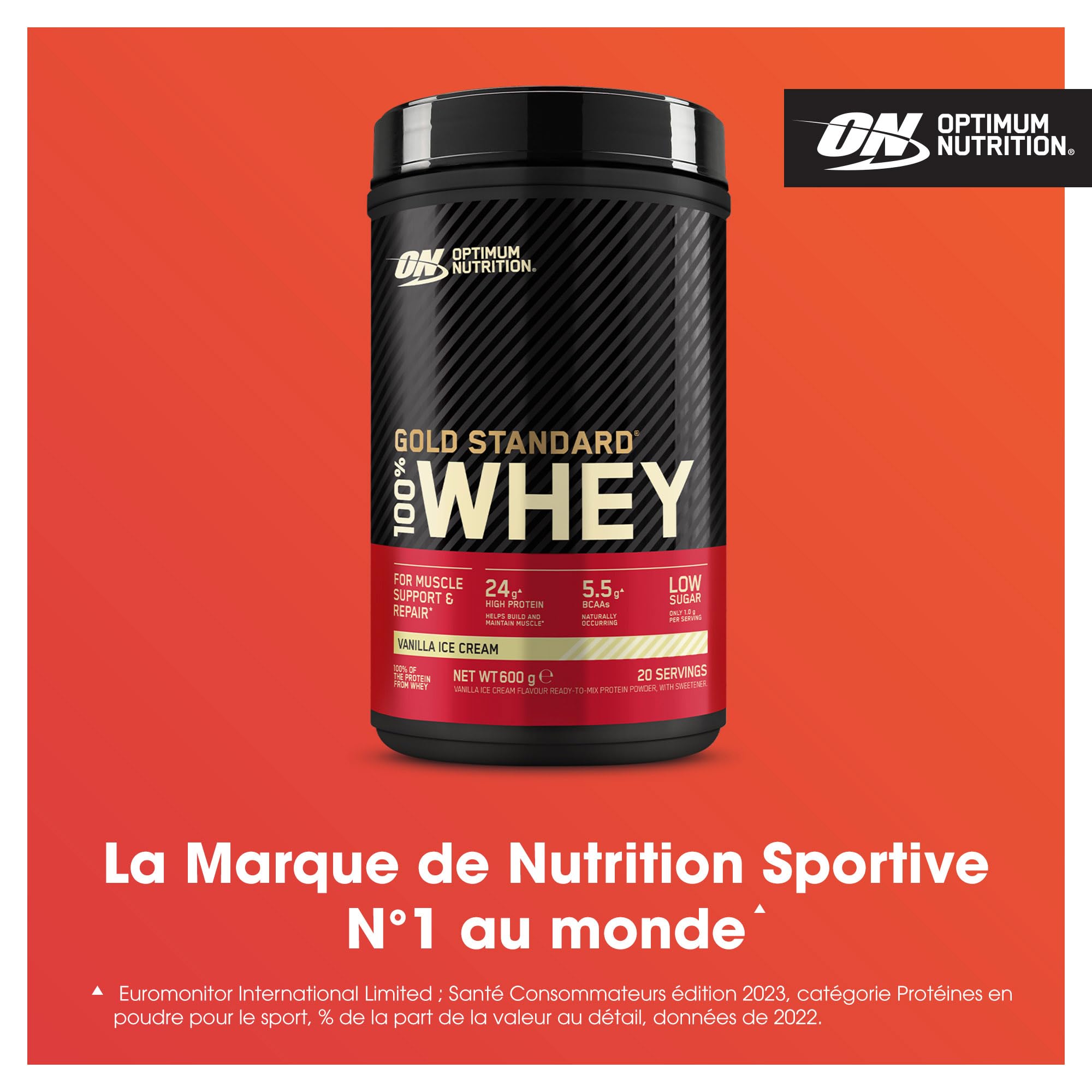 Optimum Nutrition Gold Standard 100% Whey, Protéine en Poudre, Goût Glace à la Vanille, 600g, 20 Doses