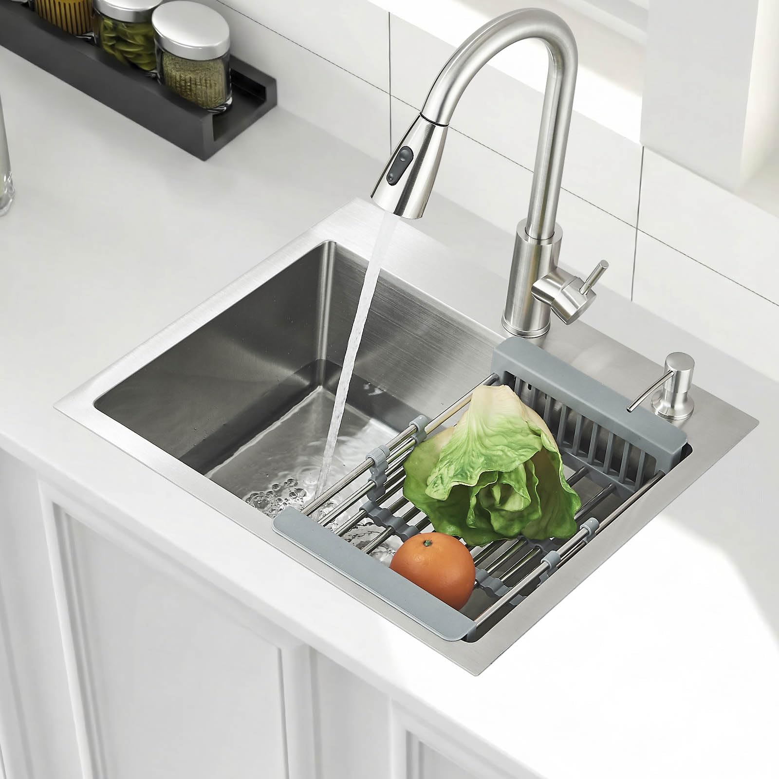 Évier de cuisine en acier inoxydable avec robinet extensible pour montage en saillie et à ras de surface, brossé