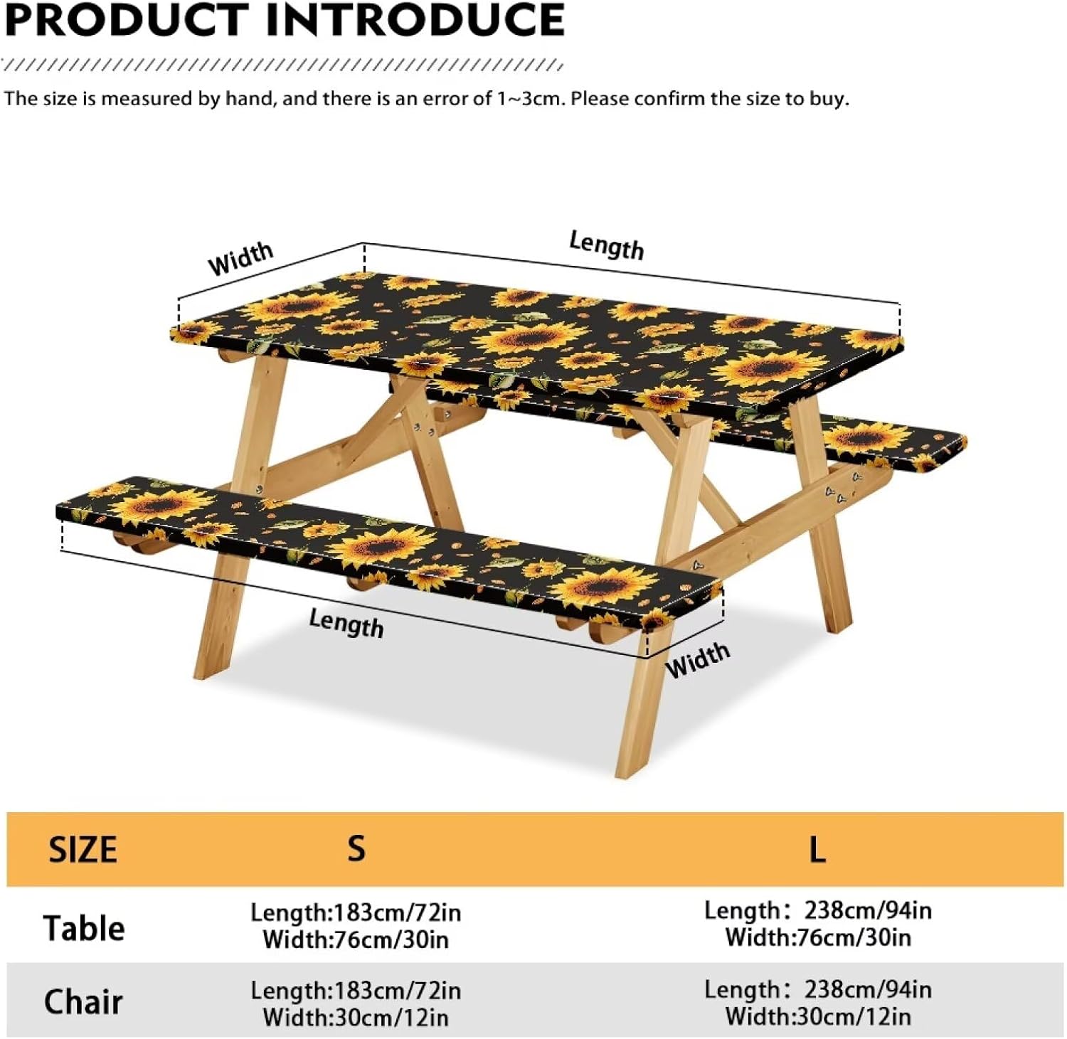 Sunflower Leaf Picnic Table Cover with Bench Covers Waterproof Fitted Rectangle Tables Patio Tablecloth Camping Gear and Essentials Rv Accessories Road Trip Supplies Car Travel Must Haves