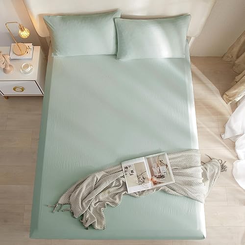 Miniatura 4 de Sábanas bajeras color verde salvia para cama de tamaño individual  1 pieza con bolsillo extra profundo de hasta 16 pulgadas, sábanas bajeras de