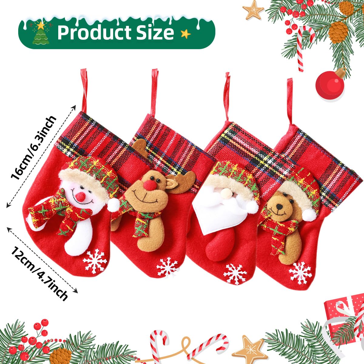 Lot De 4 Chaussettes De Noël à Suspendre - Bas Cheminée Personnalisés Avec Père Noël, Bonhomme De Neige, Élan Et Ours