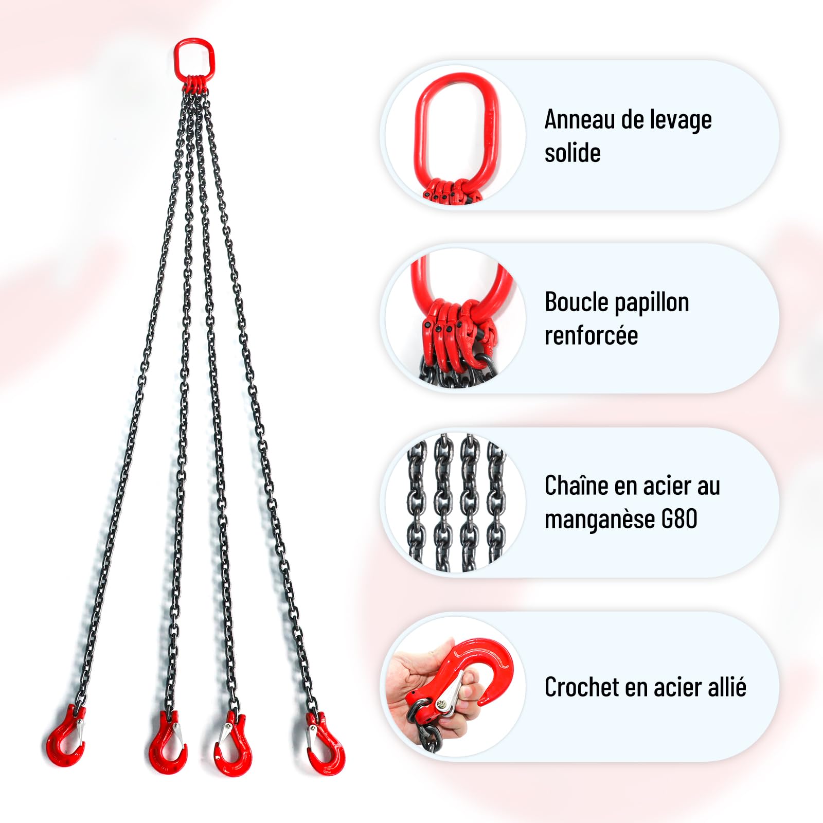 G80 en Acier au Manganèse Elingue de Levage, Chaîne de Levage de Capacité de Levage de 3000 kg, 1,5 m 4 Chaînes avec Crochets de Levage, Chaine de Levage de 6 mm d'épaisseur pour Levage Lourd