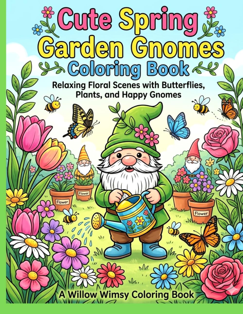 Cute Spring Garden Gnomes Coloring Book: Relaxing Floral Scenes with Butterflies, Plants, and Happy Gnomes