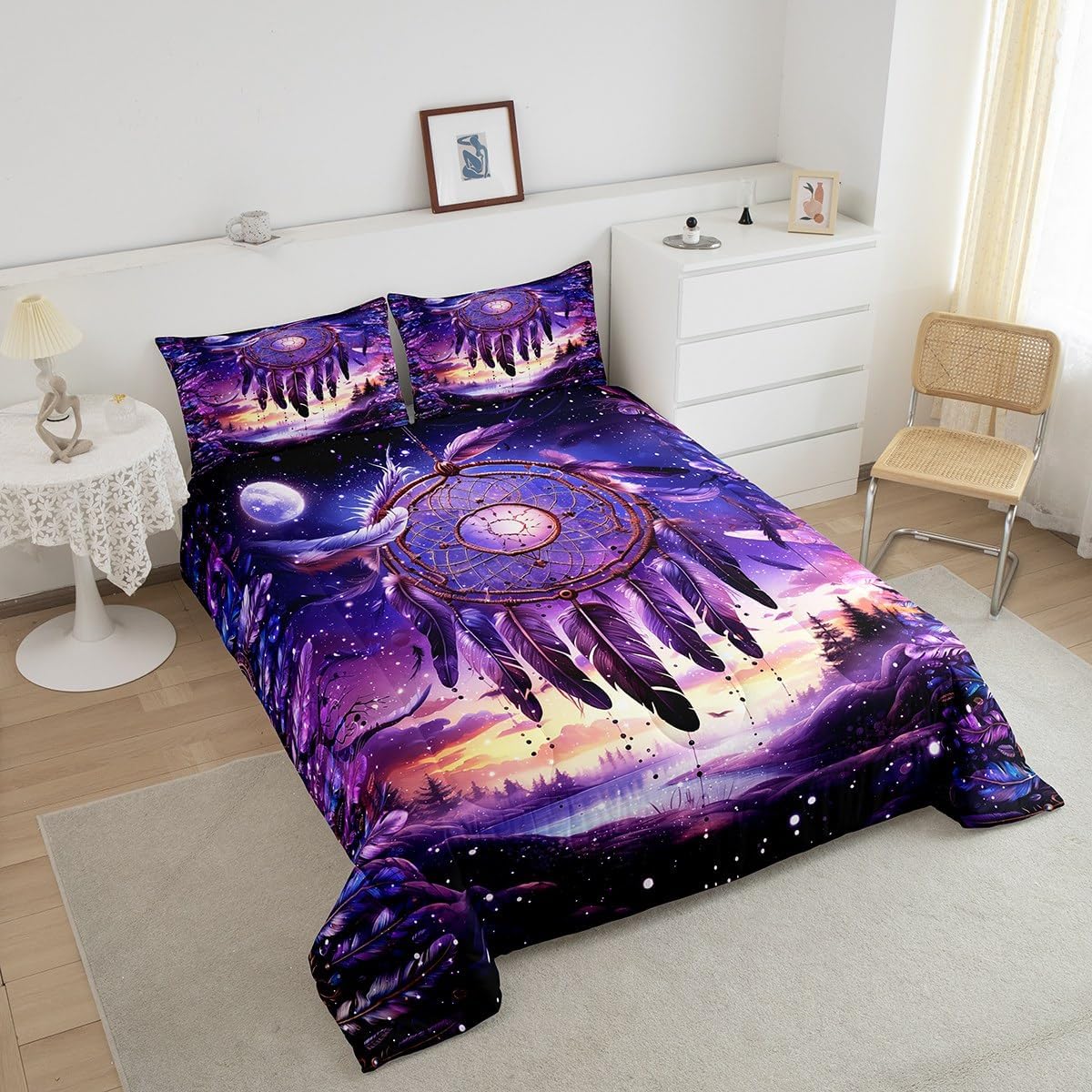 Castle Fairy Bohemia Purple Bed Comforter Set Queen Size,Galaxy Dreamcatcher Pattern Super Soft Microfiber Bedding Set for Adults Teens,Dream Catcher Comforter Set,2 Pillowcases