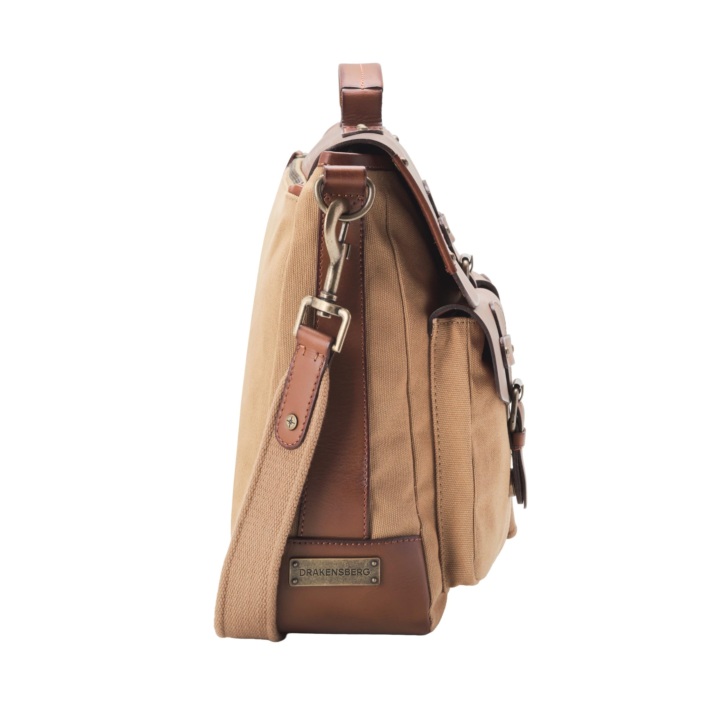 DRAKENSBERG Umhängetasche 'Milo' - Laptop- und Akten-Tasche für Herren im Vintagelook, nachhaltig handgemacht, Canvas, Leder, 15L, Khaki, DR00101