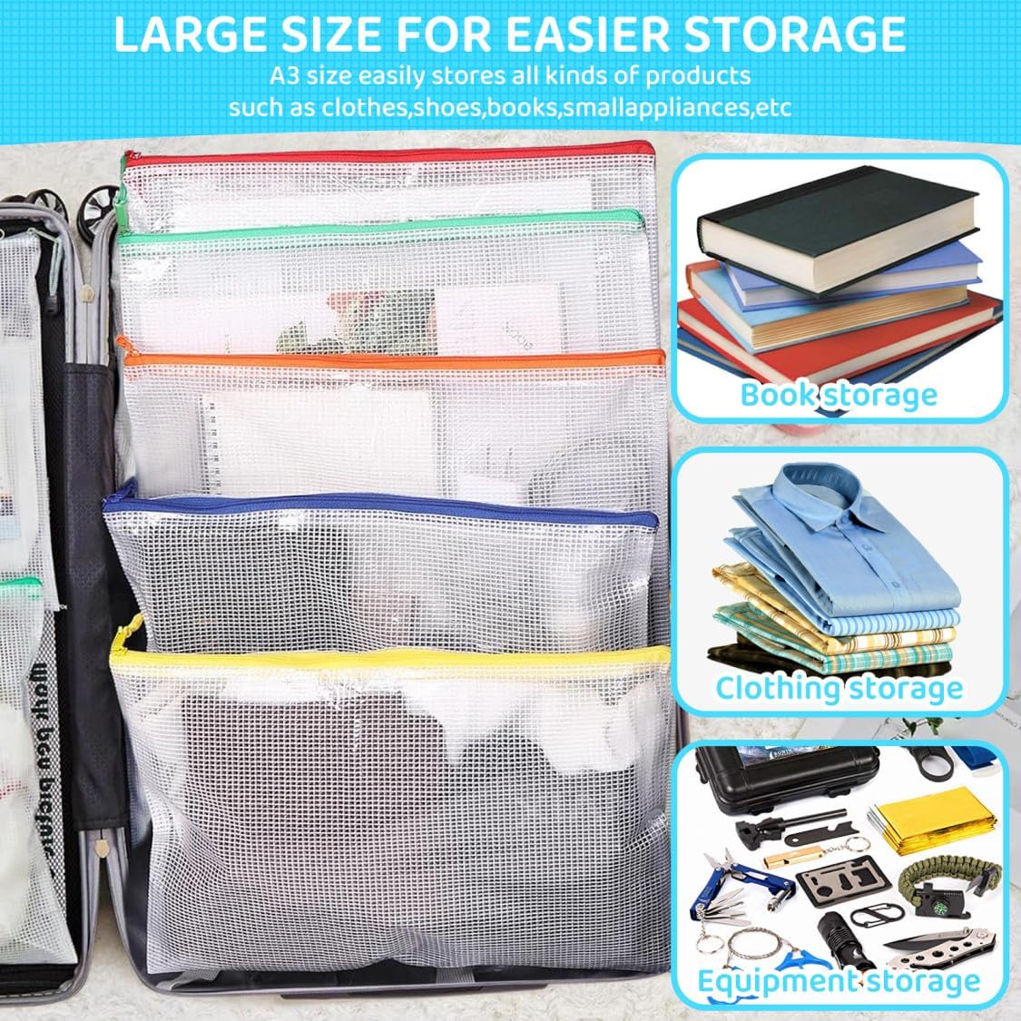 YOPCDJ 24pcs Mesh Zipper Pouch Bags, Large A3 17x12 Inches Reusable Zipper Bags Puzzle Storage 8 Colors Multipurpose for Board Games Travel Office Supplies and Home Organization