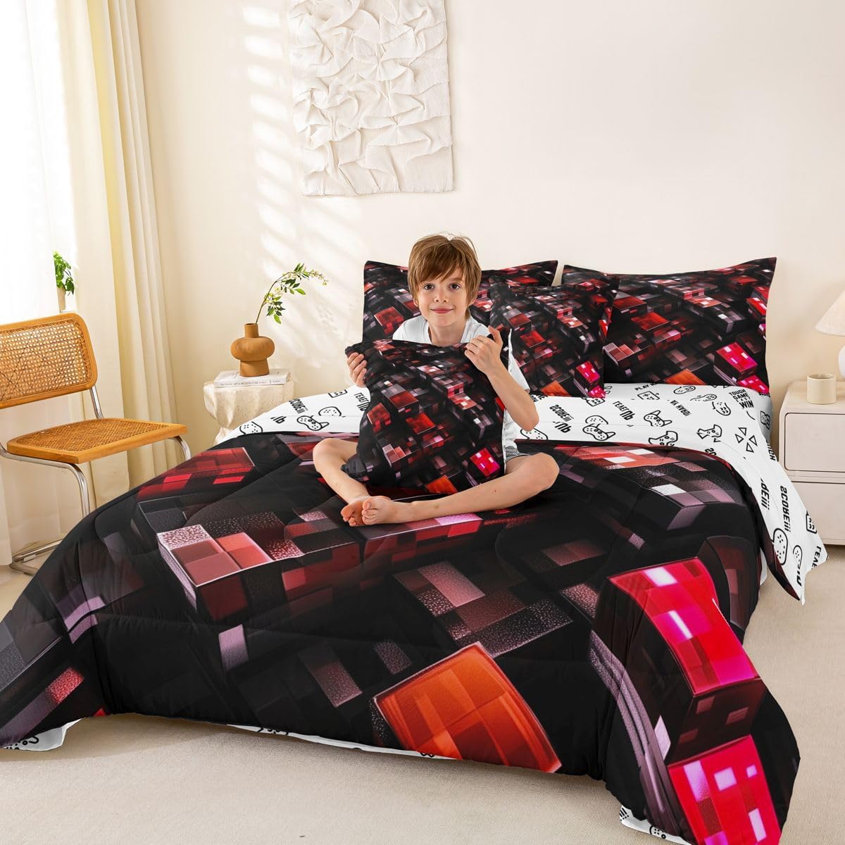 Pixelated Miners Game Full Size Comforter,Geometric Check Video Games Bedding Set 7 Piece,Gamepad Grid Modern Gaming Decor for Boys Girls,Red Black(Fitted+Sheet+2 Pillowcases+2 Throw Pillow Covers)