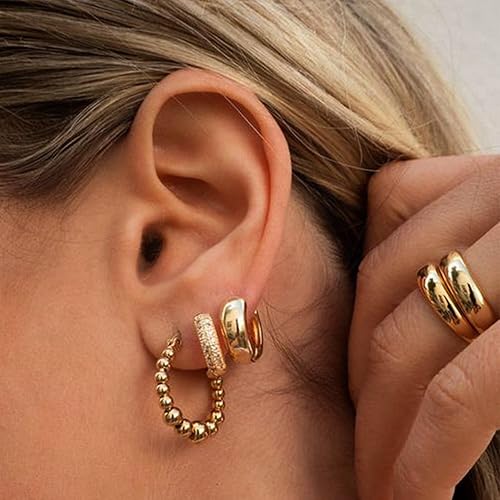 Miniatura 3 de Juego de 42 pares de aretes de aro dorados para mujer, aretes de perlas gruesas a la moda, paquete múltiple de aretes trenzados, hipoalergénicos