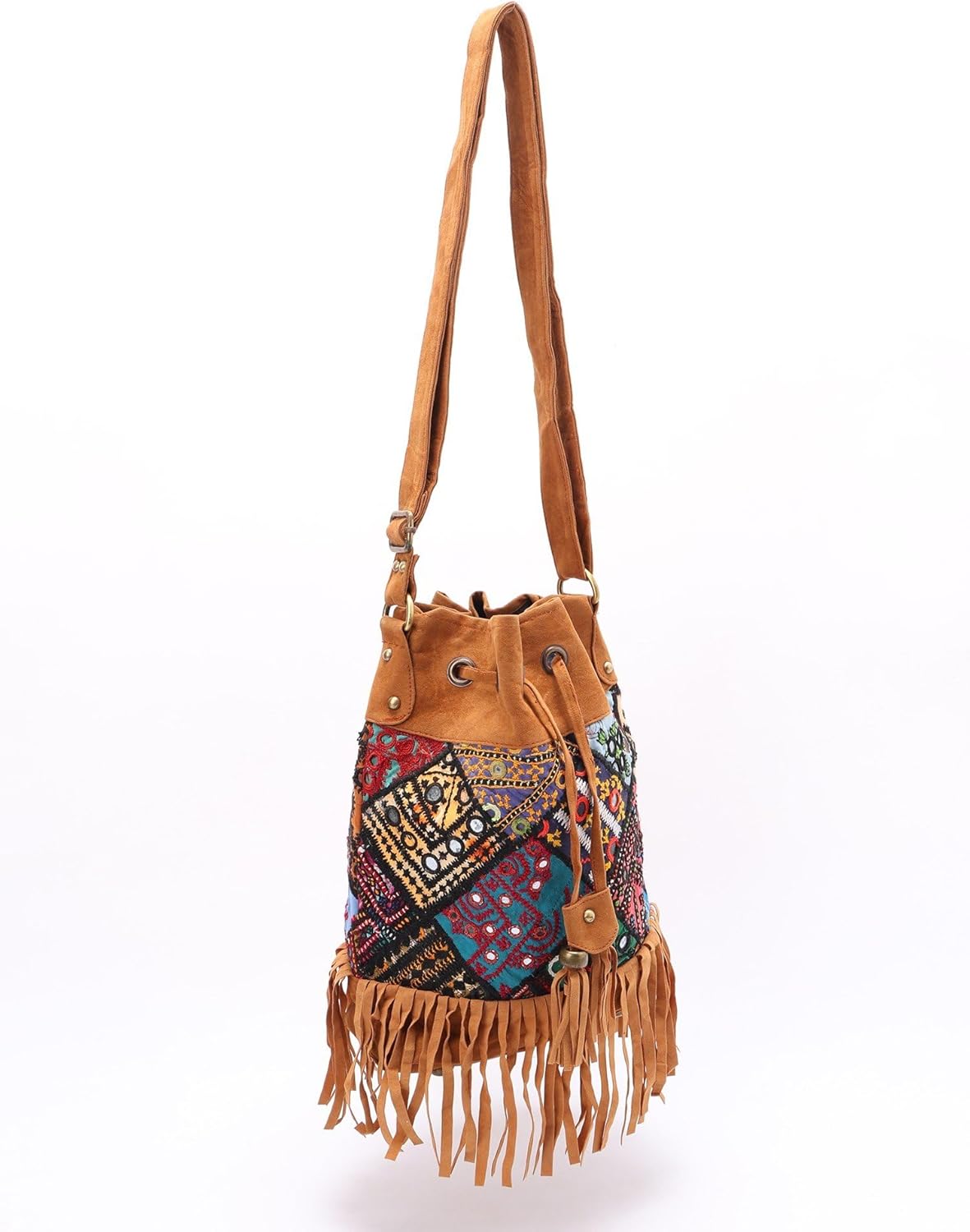 Exotic India Cotton & Velvet Side Shoulder Bag for Women with Drawstring Closure and Embroidered Patch work & Mirrors Lightweight Purse, Cross body Handbag, Beige