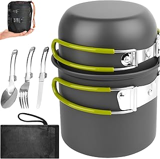 Kit Vajilla de Camping con Cubiertos Plegables, Ollas de Aluminio para 1-2 Personas, Utensilios de Cocina Exteriores Portátiles, Sartenes de Acampada para Picnic, Senderismo, Excursión, Escalada