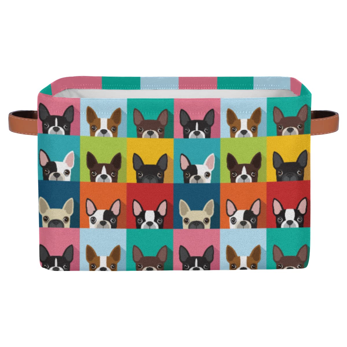 cfpolar Rectangular Storage Bin, Cute Dog Bulldog Plaid Collapsible Storage Basket with Handles for Organizing Home Kitchen Boys Girls Toys Office Closet Shelf Nursery Bedroom