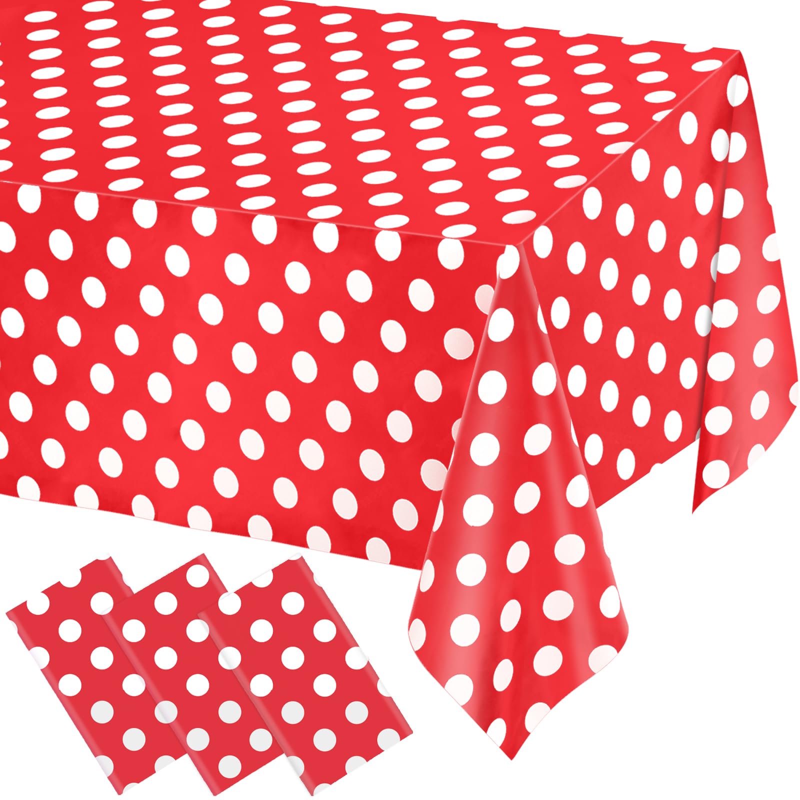 WNINK 3 Pack Red and White Polka Dot Tablecloths, Red Disposable Plastic Waterproof Table Cover, 54" x 108" for Birthday, Wedding, Bridal Shower, Picnic Camping Parties