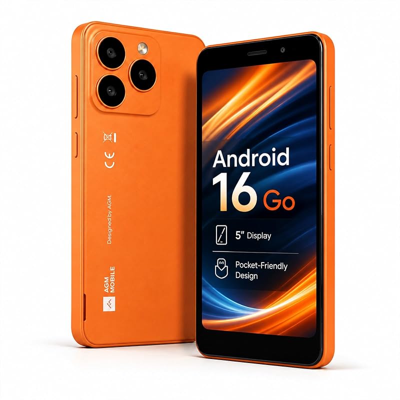 AGM N2 Mini Phone Android 16 Go, T-Mobile 4G LTE, batería extraíble de 3000 mAh | Smartphone barato para teléfono de respaldo, pantalla de 5", doble SIM, 3 GB + 32 GB (256 GB de expansión), IP54, OTG, caja transparente incluida | Naranja