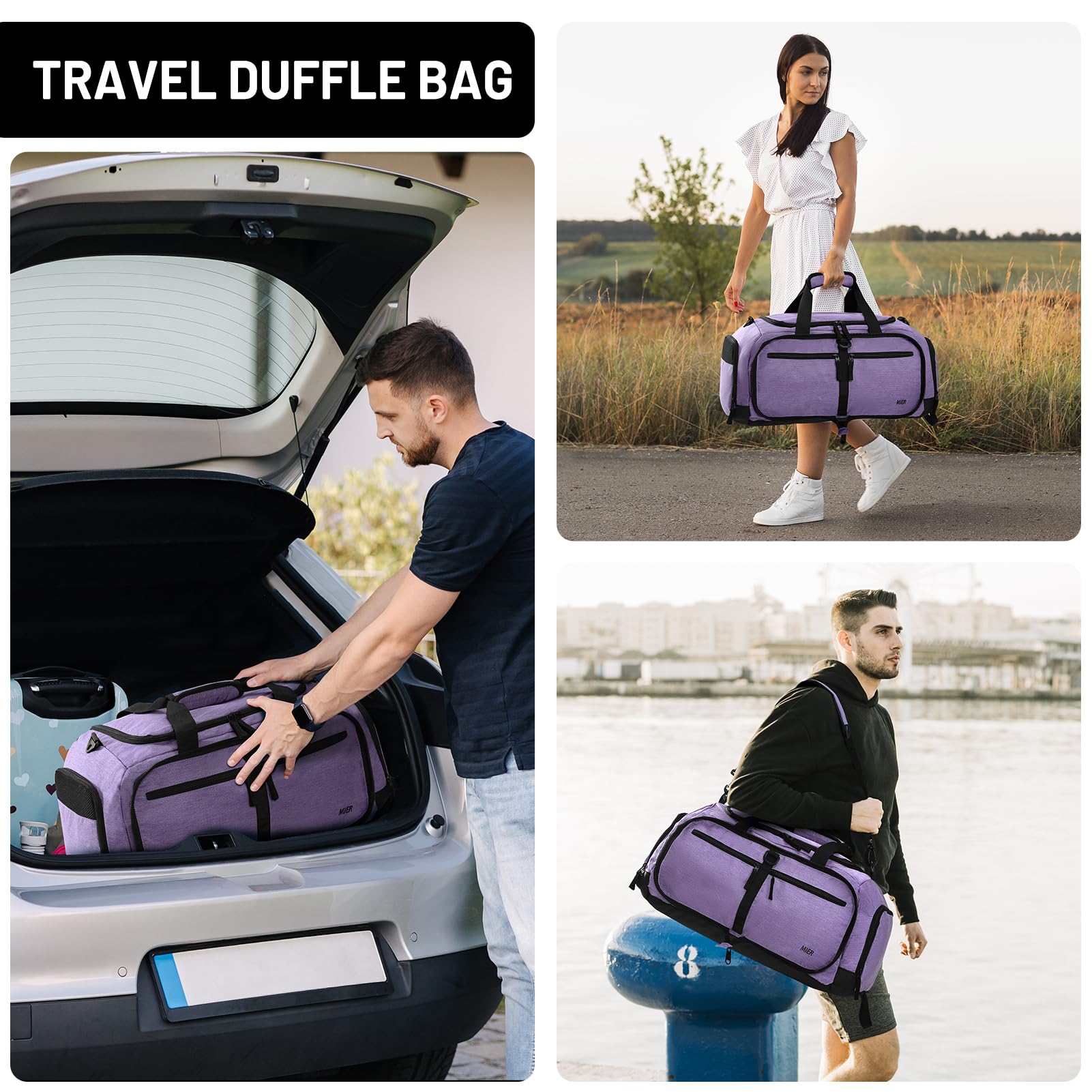 MIER Torba sportowa, damska, podróżna, męska, sportowa torba z kieszenią na buty i kieszenią na mokre buty, 50 l, lekka, składana torba treningowa, wodoszczelna torba do pływania, na podróż, do