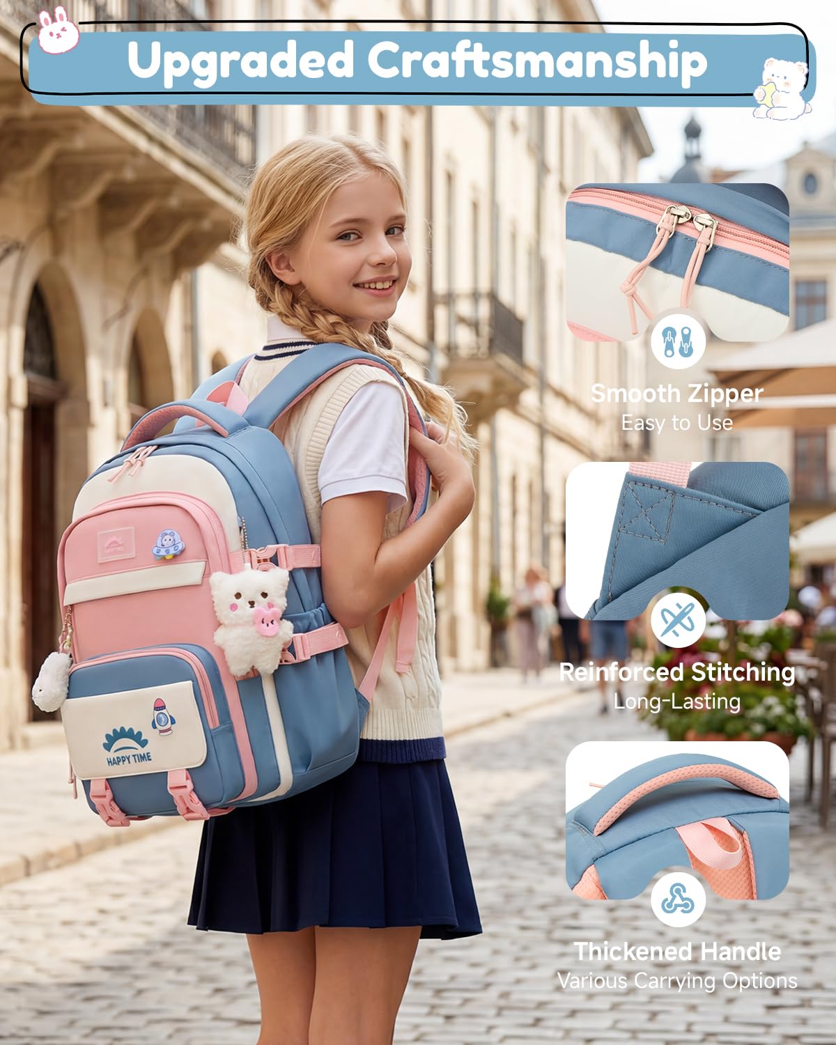 Tanou Cartable Fille Primaire, 20L Sac a Dos Fille Kawaii avec Pendentif | Sacs Scolaires Léger et Imperméable en Nylon pour Enfants de 8 à 14 ans, Bleu