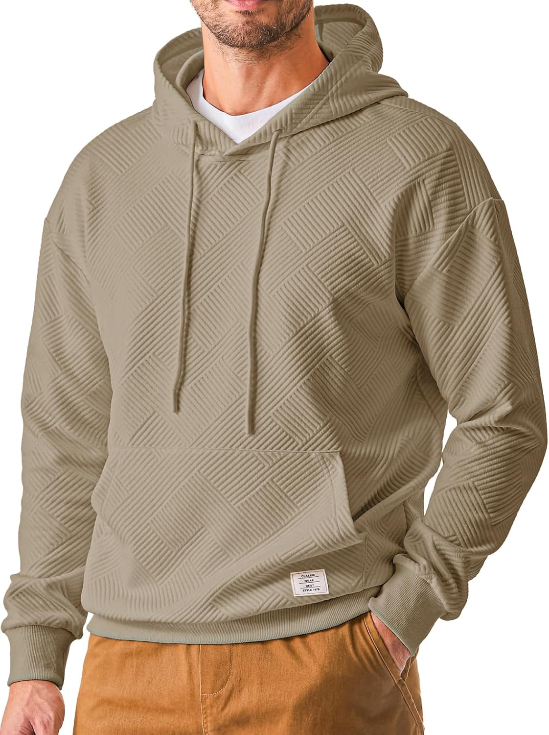 Men's Casual Soild Color Hooded Sweatshirts Geometric Texture Graphic Long Sleeve Pullover Hoodies - Image 7