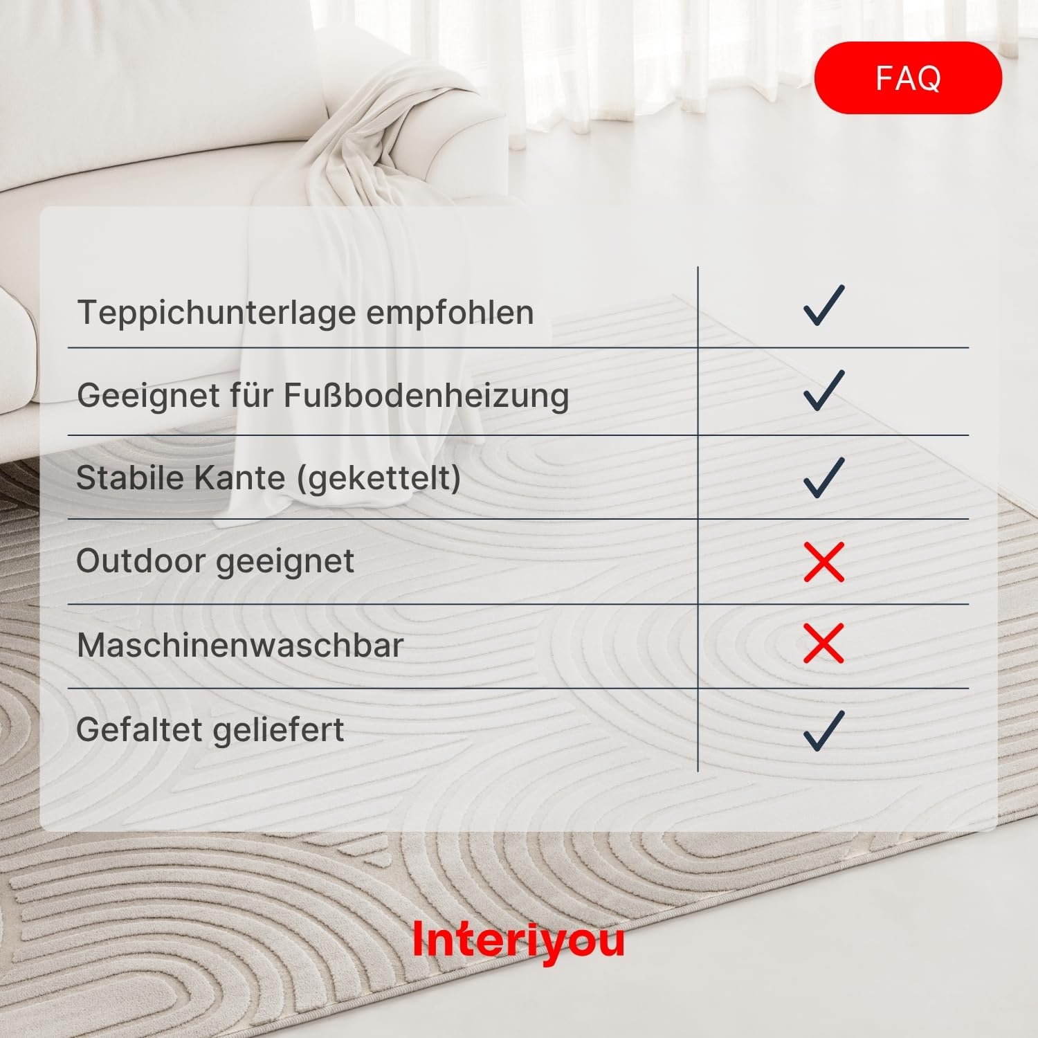 Interiyou Teppich Wohnzimmer Cannes - 240x340 cm Creme - Für Schlafzimmer, Esszimmer, Kinderzimmer - Kurzflorteppich skandinavisches Boho Muster - Hoch-Tief Effekt - Flach mit Geometrischem Muster