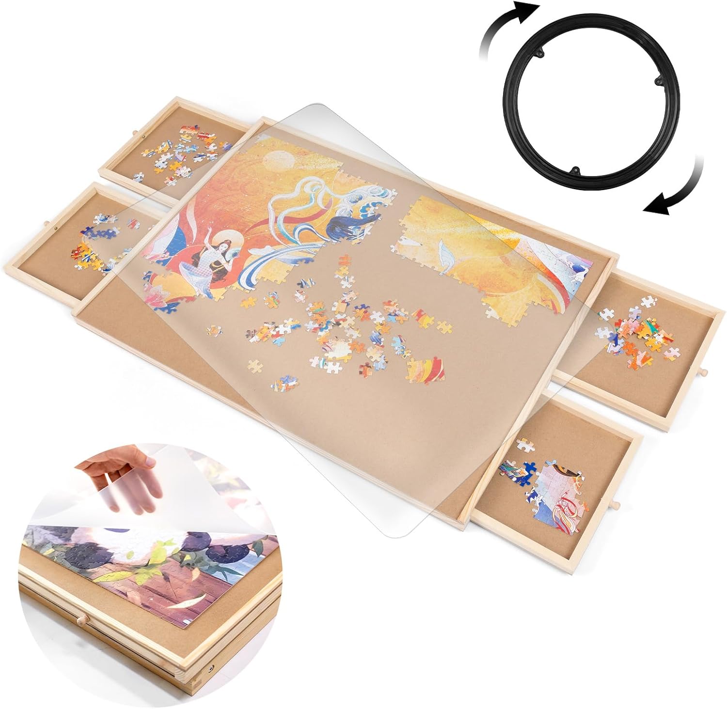 1000 Piece Rotating Jigsaw Puzzle Board with Drawers, 22" x 30" Wooden Puzzle Organizer, Lazy Susan Spinning Puzzle Boards Puzzle Accessories Jigsaw Puzzle Table with Cover