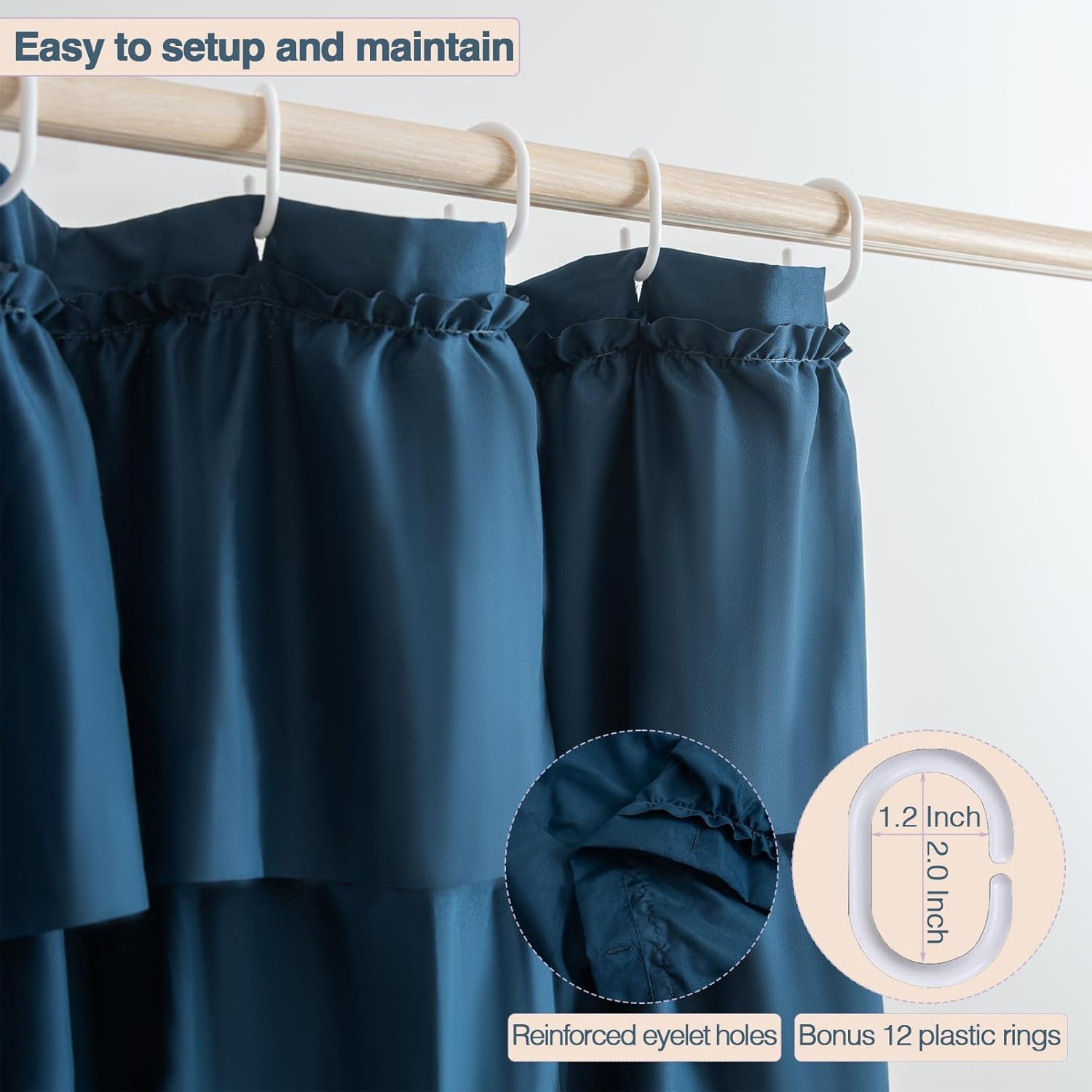 Blue Ruffle Shower Curtain Boho Farmhouse Ruffled, Vintage Navy Fabric Bath Curtains, Elegant Shabby Chic Cottagecore Decorative Bathroom, Modern Country Style 72x72 inch