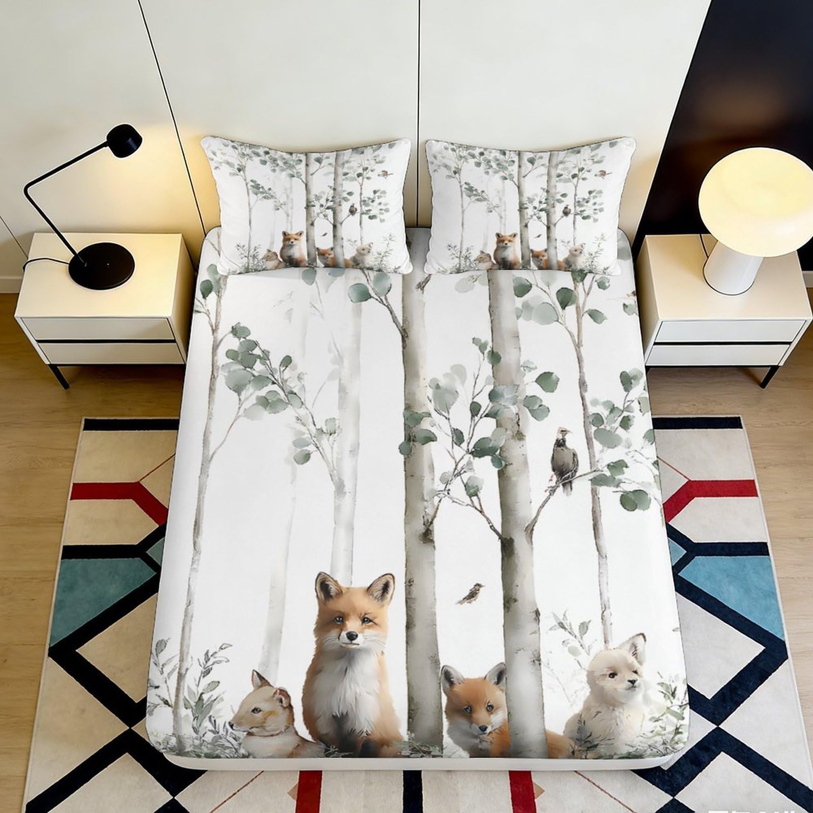 3D Printed Fox and Birch Trees Fitted Sheet Microfiber Soft Breathable Forest Animal Bed Cover for Bedroom Dormitory Guest Room Mattress Protection 180x200x25cm