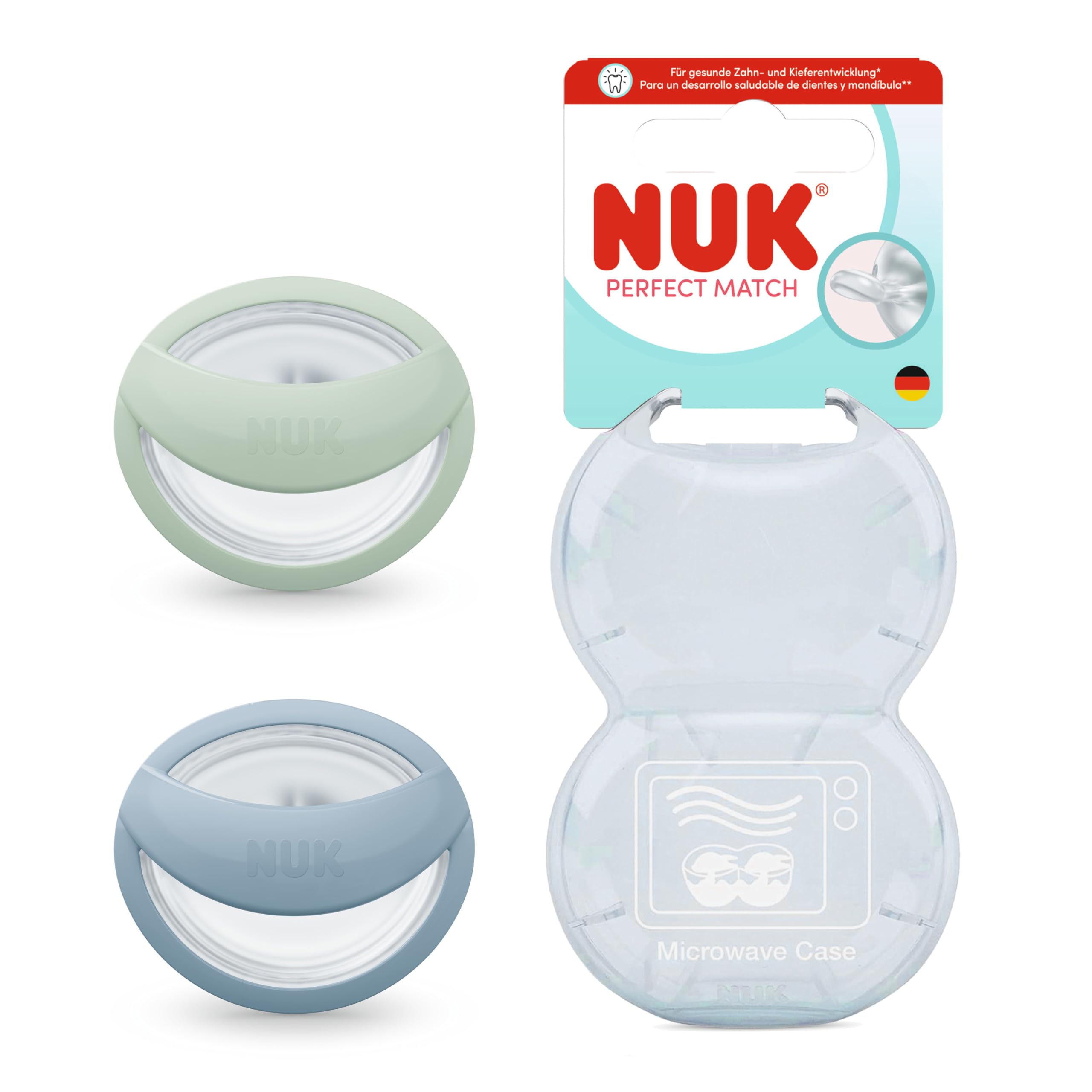 NUK Perfect Match Baby Schnuller | 0-6 Monate | Stillfreundlich, Orthodontische Schnuller | 95% Akzeptanz bei Babys** | Grün/Blau | 2 Stück