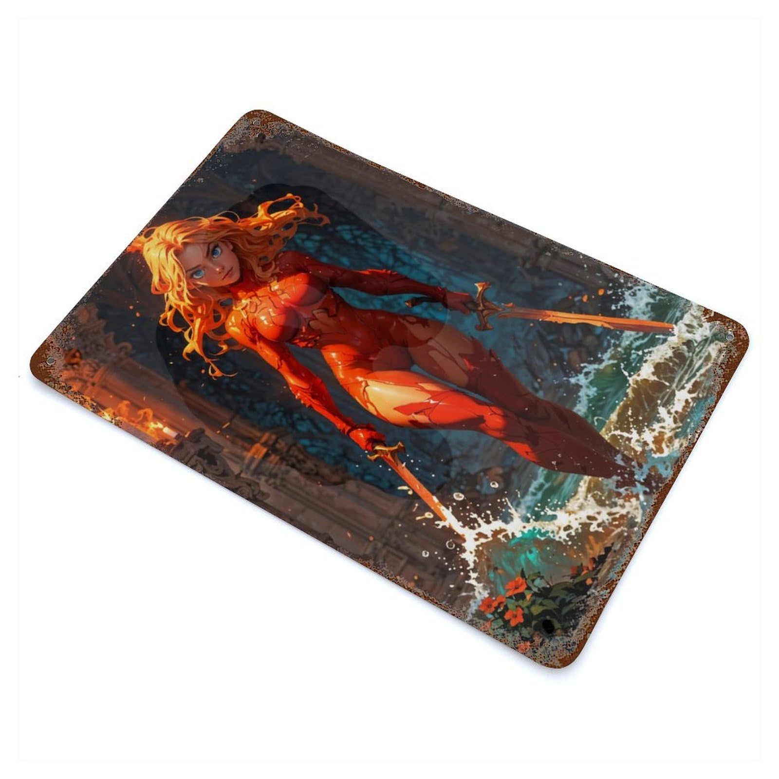 Rust Effect Agrias Oaks Face of Flames Rusty Metal Tin Sign 11.8"x7.9", Rustic Home Decor for Living Room, Hallway And Home Decor
