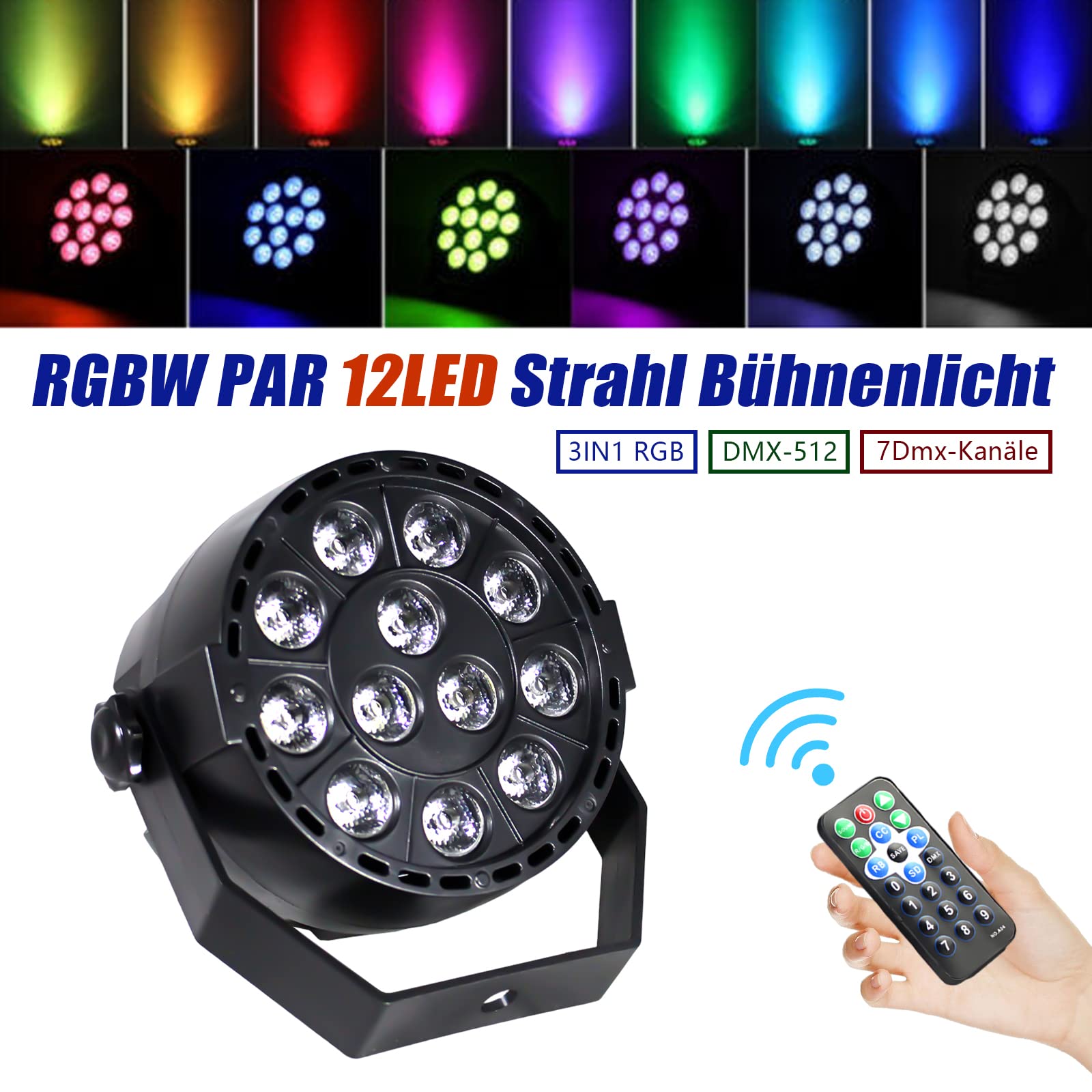 12 x 3 W RGB LED reflektor sceniczny z pilotem zdalnego sterowania, DMX512 / sterowanie muzyką/Master-Slave, dla DJ-ów, na scenę, imprezę, do klubu, baru i do użytku domowego, przenośny i