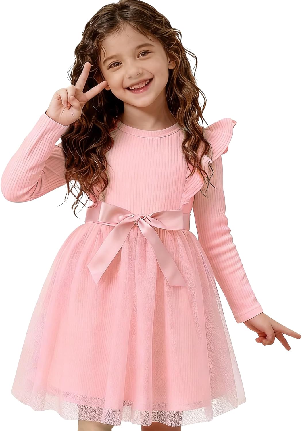 Magic Park 12M-7Y Toddler Tulle Dress Girl Long Sleeve Tutu Dress Kids Ribbed Dresses Holiday Birthday Outfits Girls